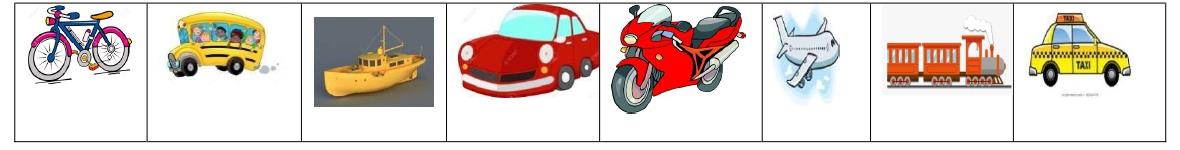 Fiche d'activité : huit moyens de transport (vélo, bus, bateau, voiture, moto, avion, train, taxi)